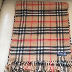 Burberrys Tan Vintage Check Scarf with Red and Black Accents